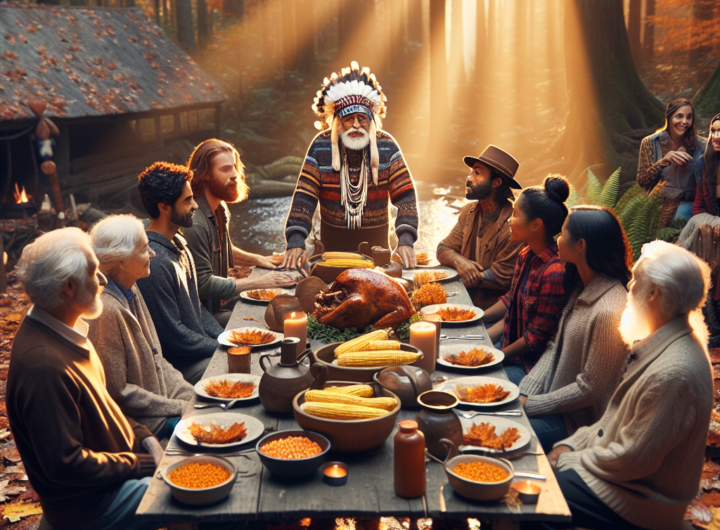 In a beautifully evocative and realistic Pulitzer-winning photo, a diverse group of Canadians is captured gathered around a rustic outdoor table set amidst a forest bathed in golden autumn light, sharing a traditional Thanksgiving meal of turkey and corn with vivid maple syrup glistening in the sunlight, while an Elder shares Indigenous stories, symbolizing the profound blend of harvest celebration and cultural reflection.