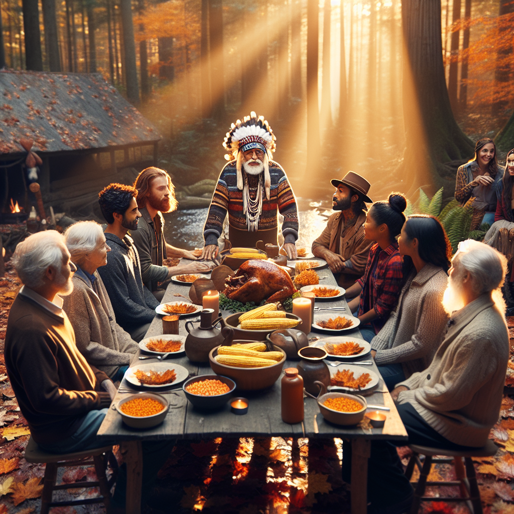 In a beautifully evocative and realistic Pulitzer-winning photo, a diverse group of Canadians is captured gathered around a rustic outdoor table set amidst a forest bathed in golden autumn light, sharing a traditional Thanksgiving meal of turkey and corn with vivid maple syrup glistening in the sunlight, while an Elder shares Indigenous stories, symbolizing the profound blend of harvest celebration and cultural reflection.