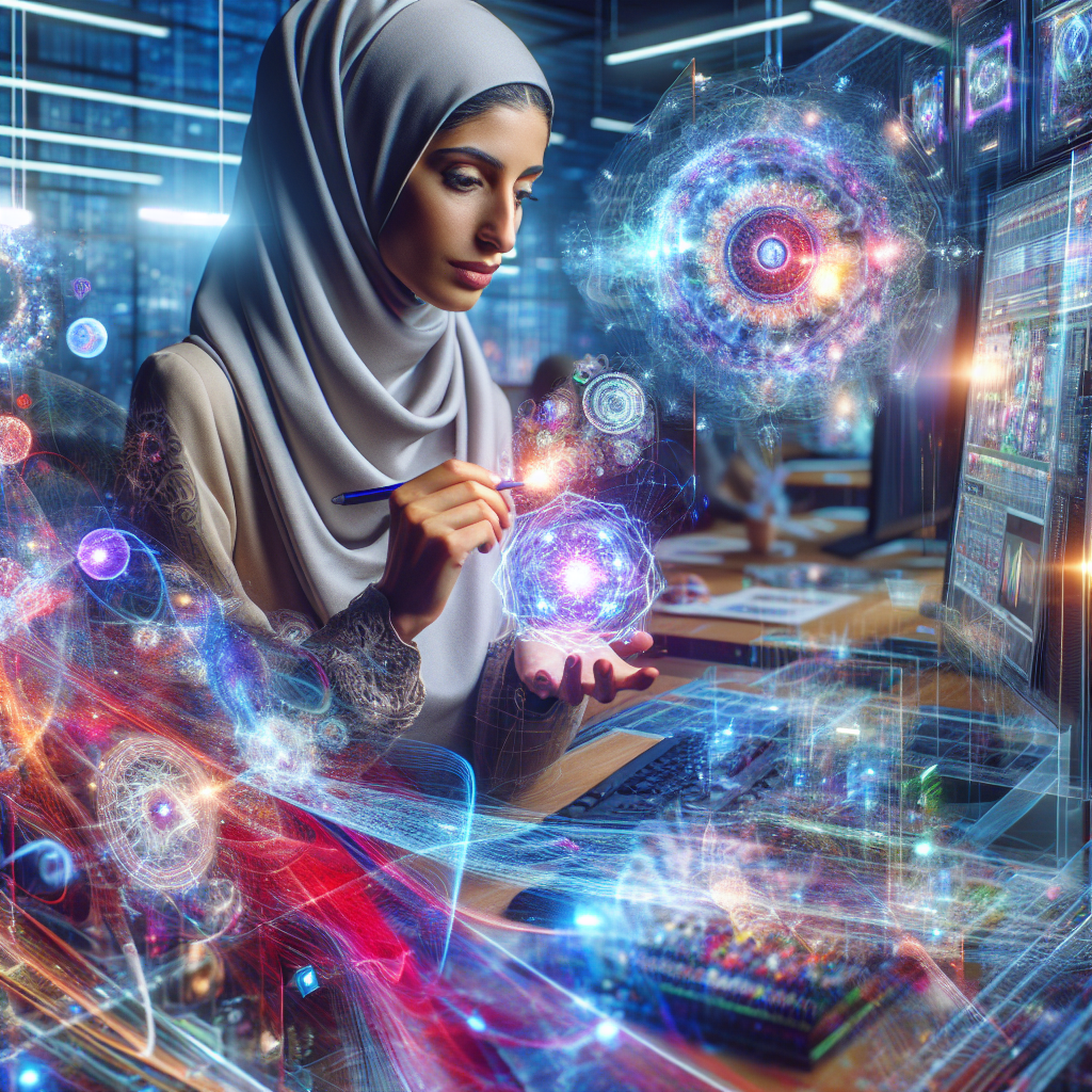 "A dynamic and striking image depicting a modern graphic designer in a high-tech studio, intently interacting with an AI-enhanced digital interface, where vibrant and fluid video elements generated by Adobe's Firefly tool hover mid-air, symbolizing the seamless fusion of human creativity and cutting-edge technology in the future of digital design."