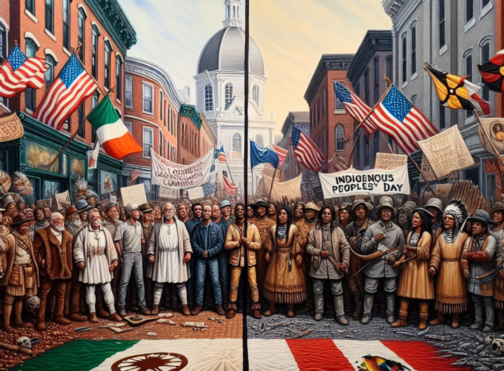 "A poignant and realistic photograph capturing a divided scene in a Massachusetts town during Columbus Day, with one side of a central street adorned with Italian flags and Columbus portraits celebrating his legacy, while the opposite side displays Indigenous symbols and activists holding signs advocating for Indigenous Peoples' Day, embodying the tension and diversity of perspectives prevalent across America."