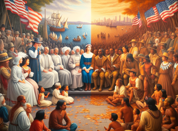 A poignant, realistic photograph capturing the symbolic tension of this dual observance day, featuring a somber yet hopeful scene at a peaceful gathering; one side portrays a traditional Columbus Day celebration with historical reenactments, while adjacent, a vibrant Indigenous Peoples Day event unfolds with elders sharing stories and children participating in traditional dances, both framed by a backdrop of American flags interspersed with Indigenous symbols, strikingly highlighting the complex dynamics of American history and culture.