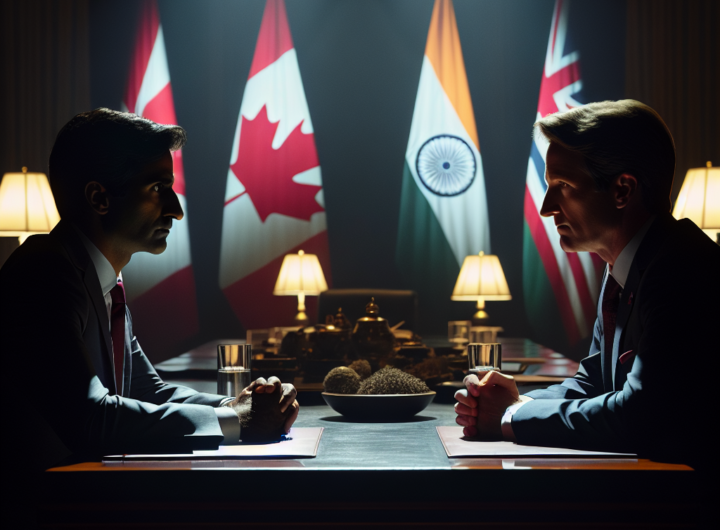 In a richly detailed photograph capturing the essence of a diplomatic standoff, Canadian Prime Minister Justin Trudeau and Indian Prime Minister Narendra Modi are seen sitting across from each other at a dimly lit table during the ASEAN summit in Laos, their expressions a mix of tension and determination, with the backdrop of national flags from both countries subtly emphasizing the geopolitical stakes involved.