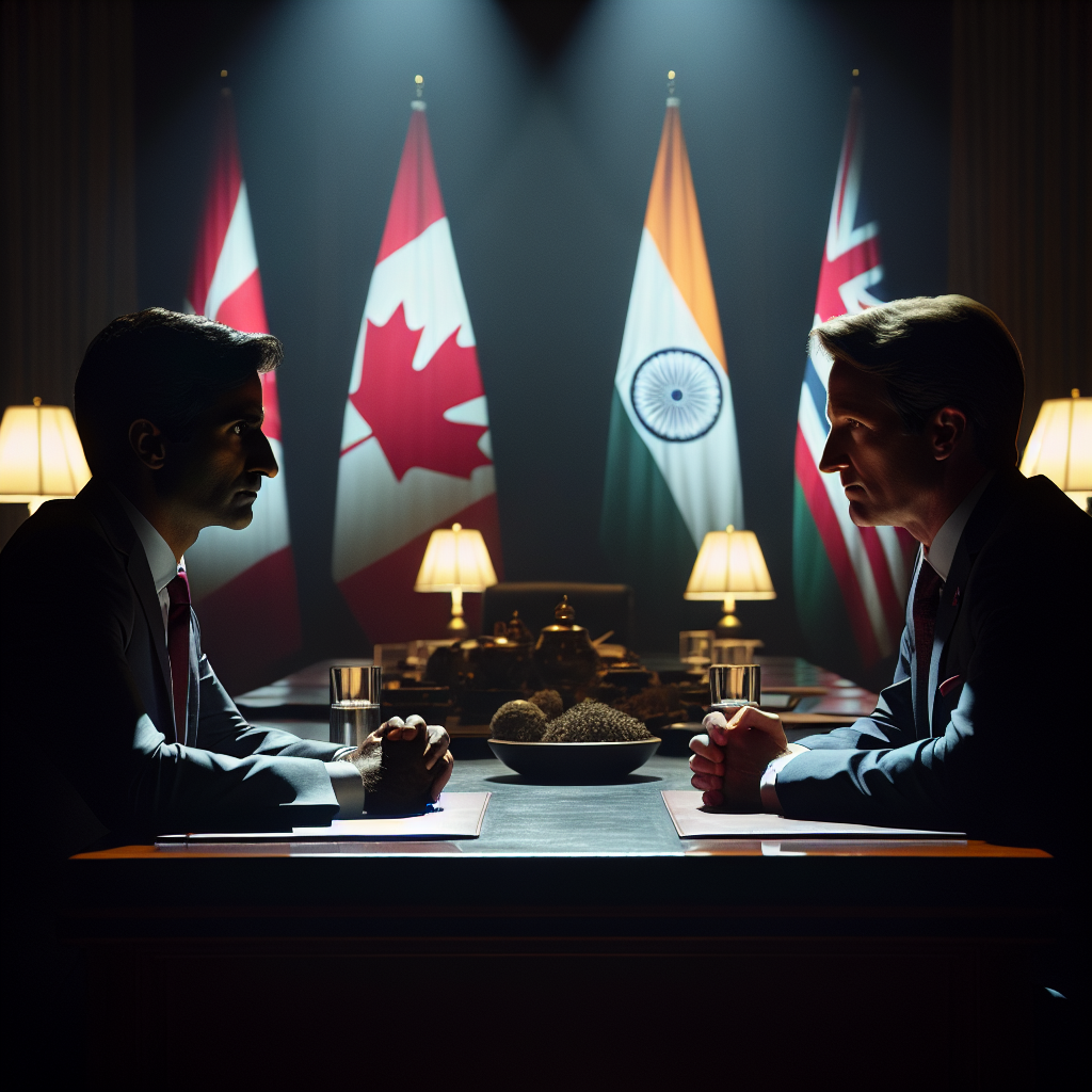 In a richly detailed photograph capturing the essence of a diplomatic standoff, Canadian Prime Minister Justin Trudeau and Indian Prime Minister Narendra Modi are seen sitting across from each other at a dimly lit table during the ASEAN summit in Laos, their expressions a mix of tension and determination, with the backdrop of national flags from both countries subtly emphasizing the geopolitical stakes involved.