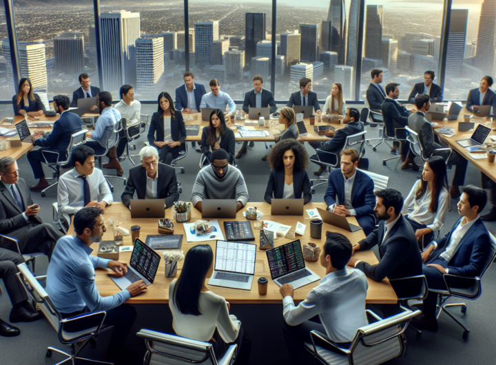 In a sophisticated office setting with a view of the Silicon Valley skyline through large windows, a group of focused tech analysts, some seated with laptops open while others stand discussing animatedly, is gathered around a central table littered with financial reports, stock charts, and JFrog branding materials, capturing the palpable tension and excitement stemming from the swirling takeover speculations about this innovative DevOps firm.