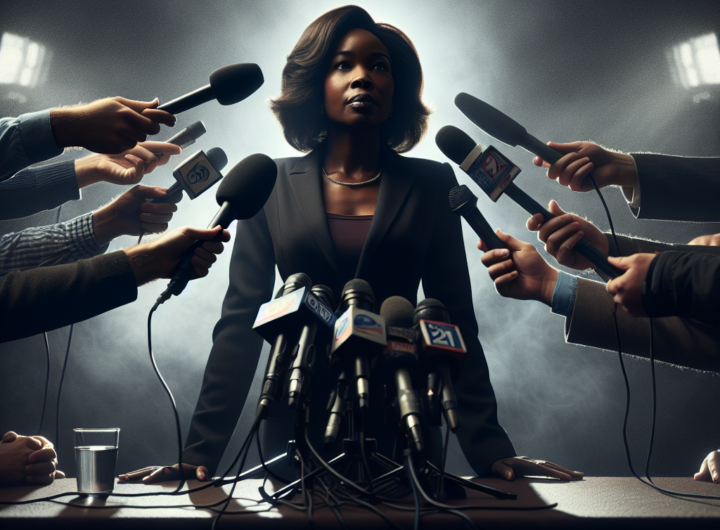 In a tense, atmospheric image capturing the essence of political scrutiny, Kamala Harris stands at a podium under intense media spotlight, with reporters thrusting microphones towards her while she confidently addresses the plagiarism allegations surrounding 'Smart on Crime,' her expression a blend of determination and composure reflecting the high stakes at this critical juncture in her career.