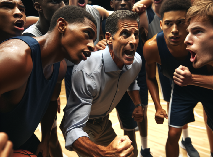 A dynamic, intimate image showing Coach John Calipari delivering an impassioned pep talk to the Kentucky Wildcats men's basketball team, gathered in a huddle, their focused, determined expressions reflecting a blend of youthful grit and seasoned wisdom, set against the backdrop of a vibrant practice court brimming with echoes of their storied legacy and the anticipation of defying low preseason rankings.