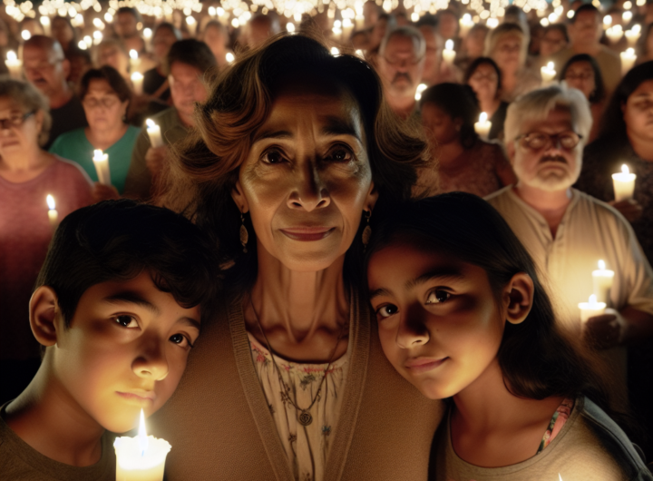 A deeply emotional, realistic photograph capturing Erika Diarte Carr, with a serene yet determined expression, surrounded by her two children, standing amid a sea of lit candles held by diverse community members in a nighttime vigil; the warm, collective glow symbolizing the unity, hope, and love that fueled her remarkable fundraising journey.