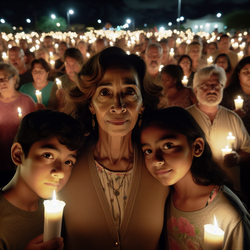 A deeply emotional, realistic photograph capturing Erika Diarte Carr, with a serene yet determined expression, surrounded by her two children, standing amid a sea of lit candles held by diverse community members in a nighttime vigil; the warm, collective glow symbolizing the unity, hope, and love that fueled her remarkable fundraising journey.