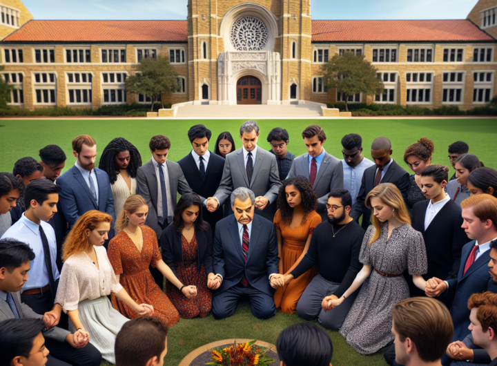 A poignant photo capturing the moment when a diverse group of students and faculty members from St. John's University gather in a serene outdoor setting on campus, standing united around a newly erected plaque that commemorates Indigenous Peoples' Day, with the university’s iconic architecture visible in the background and expressions of reflection and hope illuminating their faces.