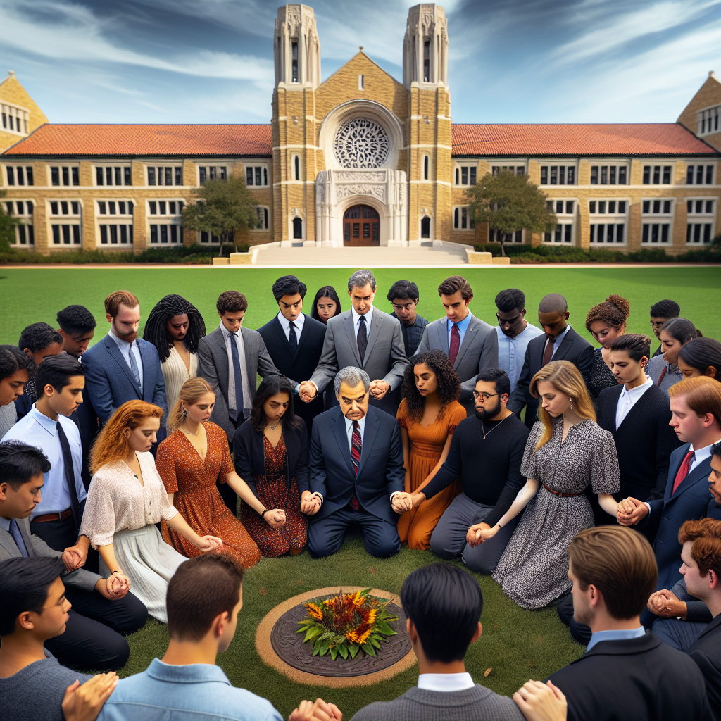 A poignant photo capturing the moment when a diverse group of students and faculty members from St. John's University gather in a serene outdoor setting on campus, standing united around a newly erected plaque that commemorates Indigenous Peoples' Day, with the university’s iconic architecture visible in the background and expressions of reflection and hope illuminating their faces.