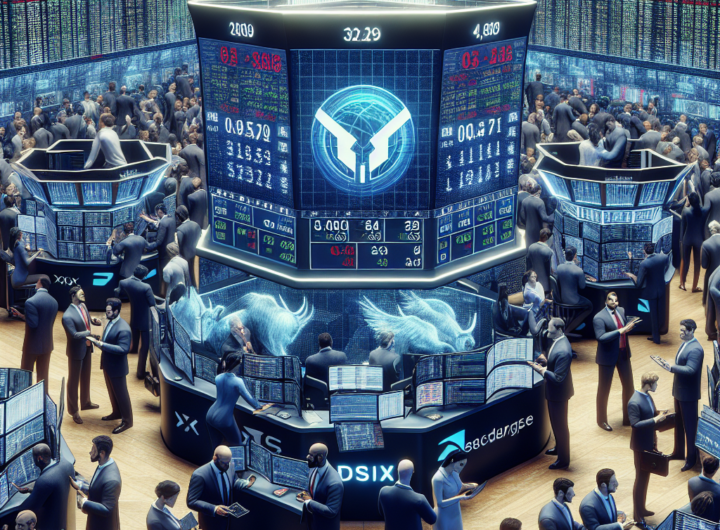 A striking, realistic image capturing a bustling New York Stock Exchange floor, filled with animated traders and digital screens displaying rapidly changing stock prices, with a prominent display of Nvidia's logo symbolizing its pivotal influence, all set against the backdrop of a digital ticker showing a fluctuating Dow Jones Industrial Average.