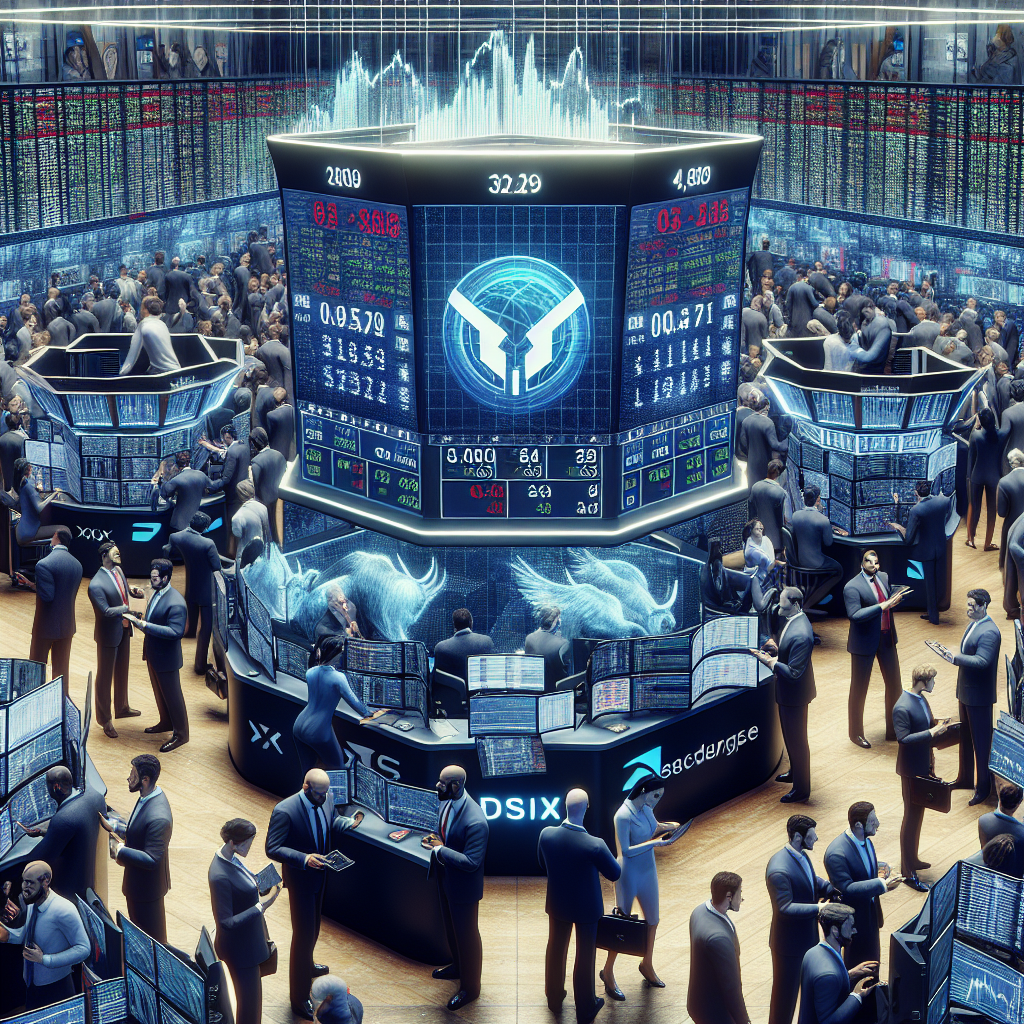 A striking, realistic image capturing a bustling New York Stock Exchange floor, filled with animated traders and digital screens displaying rapidly changing stock prices, with a prominent display of Nvidia's logo symbolizing its pivotal influence, all set against the backdrop of a digital ticker showing a fluctuating Dow Jones Industrial Average.