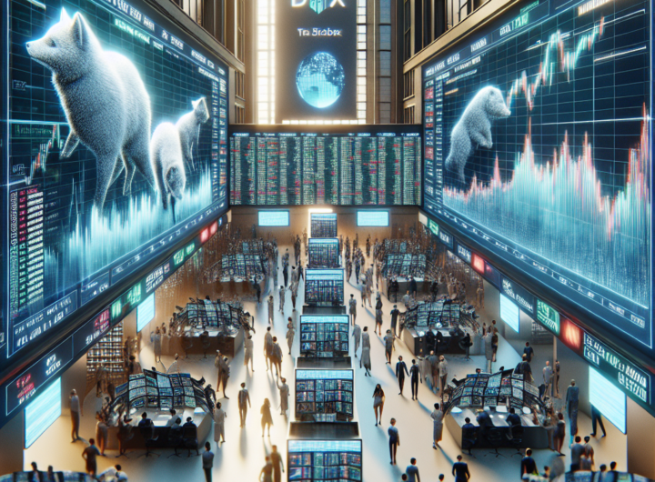 A dynamic, realistic image of the New York Stock Exchange bustling with activity, featuring giant digital screens displaying the logos of Nvidia and Sony amidst a backdrop of scrolling stock statistics, capturing the vibrant energy and strategic ingenuity of Wall Street's renewed fascination with stock splits.