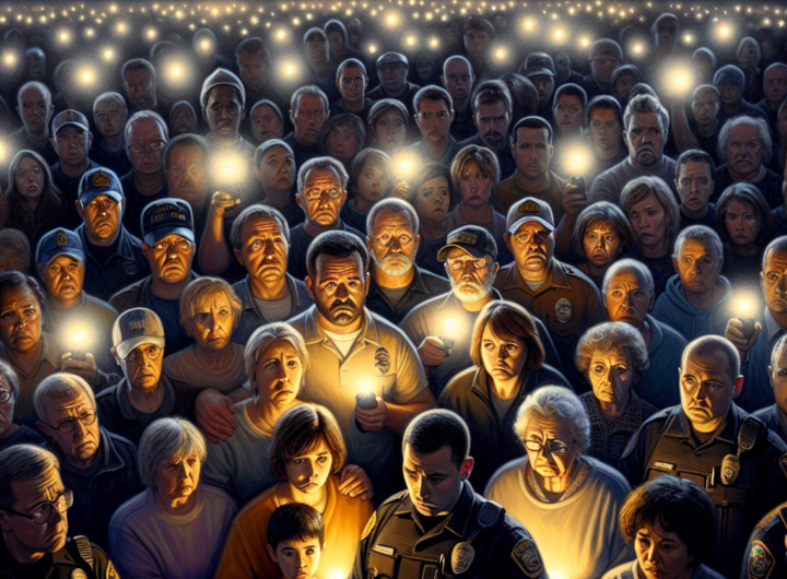 A poignant photo capturing the unity and urgency of the search effort, showing a group of concerned community members and police officers gathered under a dim streetlight near Churchville Elementary School, with somber faces and flashlights in hand, symbolizing collective hope and determination to find the missing seven-year-old Khalil Ringgold.