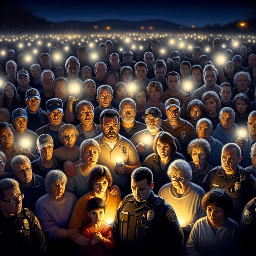 A poignant photo capturing the unity and urgency of the search effort, showing a group of concerned community members and police officers gathered under a dim streetlight near Churchville Elementary School, with somber faces and flashlights in hand, symbolizing collective hope and determination to find the missing seven-year-old Khalil Ringgold.